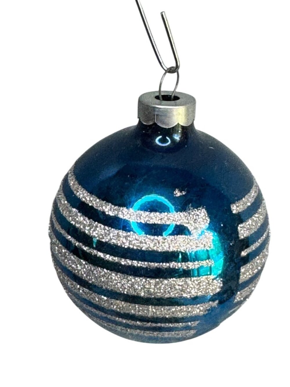 Vintage USA Blue Silver Glitter Stripe Glass Christmas Ornament 2 1/2" - Picture 4 of 6